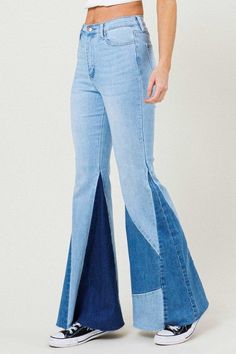 Elevate your denim game with these Color Block Side Slit Flare Jeans. These high-rise jeans are designed to make a statement with their unique color block panels, adding a bold and trendy touch to your wardrobe. The extra-wide bell bottom fit gives these jeans a vintage-inspired look, perfect for making a fashion statement. The raw edge leg openings add an edgy and modern touch to the classic flare silhouette. With a traditional 5-pocket construction and a practical zip-fly closure, these jeans Pleated Satin Dress, Unique Jeans, Bell Bottom, Cool Sweaters, Sheer Fabrics, Jeans For Sale, Raw Edge, White Tops, Colored Jeans