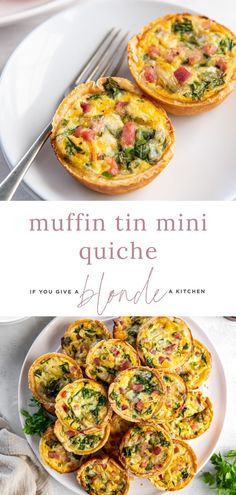 mini quiches with spinach and cheese are on a white plate next to the words muffin tin mini quiche