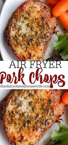 air fryer pork chops on a plate with carrots