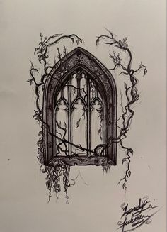 a drawing of a window with vines growing out of it