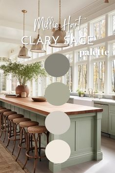 a large kitchen island with stools in front of it and the words millfield clay sage