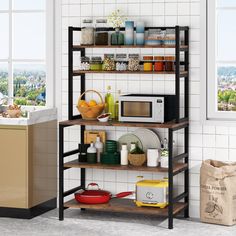 a kitchen shelving unit with various items on it