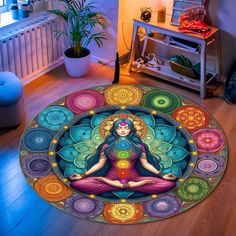 a woman sitting in the middle of a room with colorful circles around her and holding a chakra