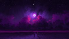 two people are walking in the snow at night under a purple sky with stars and clouds