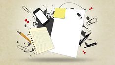 a pile of papers with writing utensils and other items around it on a beige background