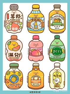 an assortment of different kinds of bottles with japanese characters on them, including peaches and pears