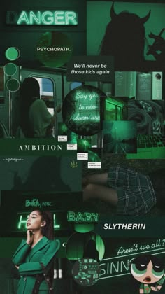 a collage of green and black images with the same color scheme as well as text