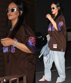 two pictures of a woman wearing sunglasses and a brown shirt with blue letters on it