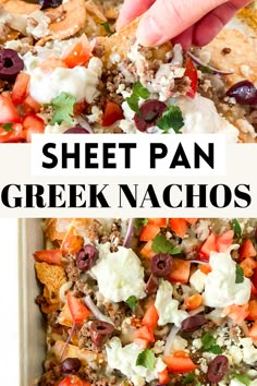 a sheet pan filled with greek nachos and topped with feta cheese, olives