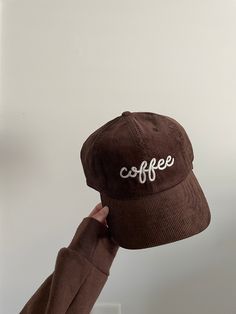 "Stylish \"coffee\" embroidered lettering  6-panel design hat color: chocolate   relaxed fit  100% cotton  one size fits most spot clean only" Cute Fall Hats, Brown Casual Cap With Letter Print, Casual Brown Baseball Cap With Letter Print, Brown Cotton Baseball Cap With Short Brim, Brown Retro Cotton Hat, Brown Snapback Cap With Letter Print, Brown Cotton Retro Hat, Retro Brown Cotton Hat, Brown Corduroy Snapback Dad Hat