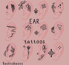 the back to basics ear tattoos are shown in black and white on a pink background