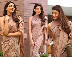 Kajal Look, Western Sarees, Gold Saree Blouse, Look Western, Hair Style On Saree, Saree Wearing