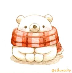 a drawing of a white bear wearing a red and black plaid scarf with his arms crossed