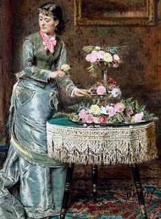 a painting of a woman decorating a table with flowers