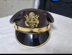 High Quality leather visor cap with USA MILITRIA badge modified visor bluff cap Military Style Snapback Hat With Flat Brim, Leather Police Uniform, Brown Military Visor Hat, Military Style Black Visor Snapback Hat, Black Adjustable Military Snapback Hat, Vintage Military Visor Hat, Holster Bag, Visor Cap, Men In Uniform