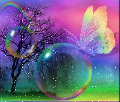 an image of soap bubbles with trees and butterflies in the background on a rainbow colored sky