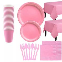 pink party supplies including plates, napkins, and forks are featured in this image