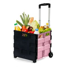 a black and pink cart filled with lots of different types of food on it's wheels