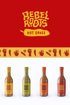 several bottles of hot sauce are shown with the words'rebel roots'in yellow and red