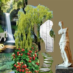 a collage of images with statues, flowers and a waterfall in the background on a brown background