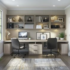 a home office with two desks and an area rug