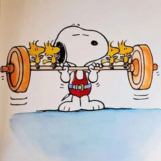 a drawing of a cartoon character holding a barbell with dogs on it's back