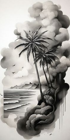 black and white drawing of a palm tree on the beach with clouds in the background