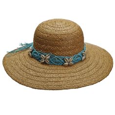 Handmade hats designed by John Callanan. Braided raffia capeline -floppy- hat. Macrame band with shell accent. Inner drawstring to adjust fit. One size fits most. 100% raffia Coastal Wide Brim Sun Hat For The Beach, Coastal Wide Brim Sun Hat For Beach, Blue Wide Brim Straw Hat For Festivals, Flat Brim Beachy Hats For The Beach, Blue Straw Hat With Upf 50+ For Beach Season, Blue Sun Hat For Beach Vacation, Upf 50+ Toquilla Straw Bohemian Hat, Coastal Style Panama Hat For Beach Vacation, Adjustable Brimmed Tropical Sun Hat