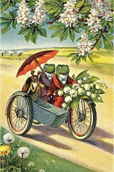 two frogs riding in a car with an umbrella and flowers on the side, under a tree