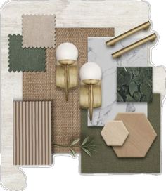 an assortment of different colors and materials in a collage with gold, green, beige, and white accents