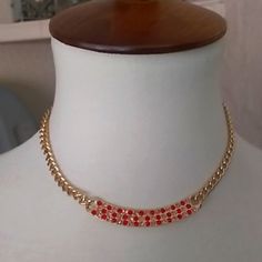 14-17" Gold Necklace With Red And Gold Crystals. New Without Tags Red Chain Choker Necklace, Red Choker Necklace With Lobster Clasp, Red Adjustable Chain Necklace For Party, Red Metal Choker For Party, Trendy Ornaments, Gold Crystal Necklace, Gold Crystals, Jewelry Set Design, Gold Choker