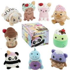 small stuffed animals are sitting in front of a box with an ice cream cone on it