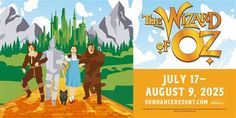 the wizard of oz poster is shown with three people and a cat on a brick road