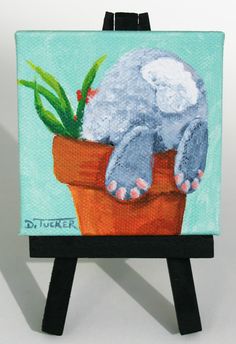 a painting of an elephant sitting on top of a potted plant