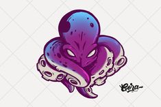 an octopus with purple and blue colors on it's face