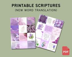 the bible's new word translation is shown in purple and white flowers with words on them