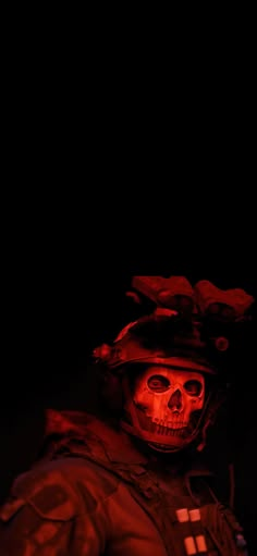 a man wearing a helmet with red light on his face and skull in the background