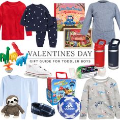 children's clothing and toys for valentine's day with text overlay that reads, valentine's day gift guide for toddlers boys