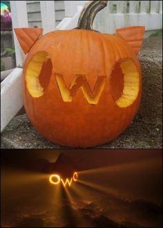 two pumpkins that have been carved to look like cats and the words wow written on them