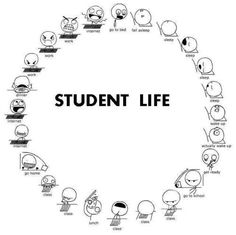 the words student life written in black and white on a circle with cartoon faces around it