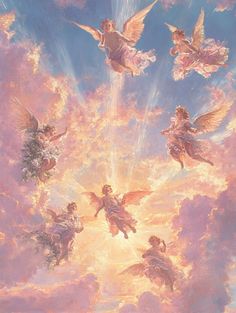 an artistic painting of angels flying in the sky