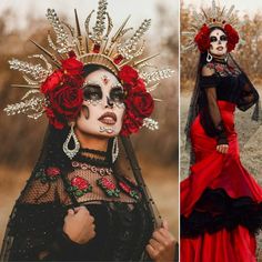 two photos one in red and the other in black with white make up on her face