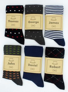 Personalized Men's Socks Perfect Gift for Boyfriend, Husband, Coworker, and Son, Custom Printed Sock LABELS Personalized groomsmen socks. The perfect gift for your groom and groomsmen at your wedding. Personalization is only for the label. We do not have monogrammed socks.  Labels: Printed on Kraft card stock paper. Size is approx. 9 x 3.25 inches. Includes double-sided tape. Please enter the names you want to include on the custom sock labels. Socks: Listing is for (1) pair of socks. Size:  Fits shoe sizes 10-15. Made from 80% combed cotton, 17% polyamide, and 3% elastane. Made in Turkey Man Socks, Groomsmen Socks, Perfect Gift For Boyfriend, Personalized Socks, Mens Dress Socks, Gift For Wedding, Cute Gift Boxes, Custom Socks, Cute Christmas Gifts