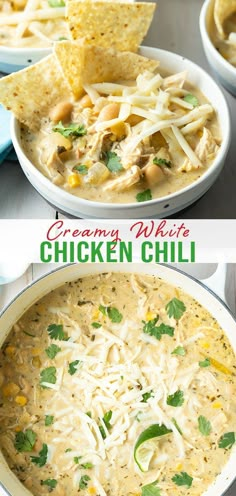 this creamy chicken chili is loaded with cheese, cilantro and tortilla chips