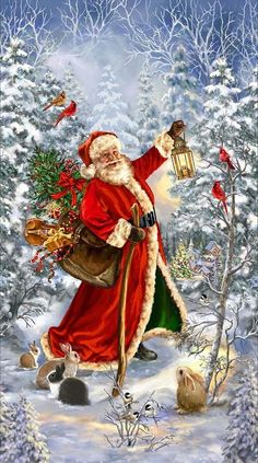 a painting of santa claus holding a lantern in the snow with birds flying around him