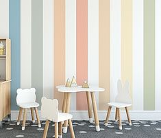 two children's tables and chairs in front of a striped wall