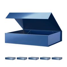 an open blue box with four smaller boxes next to it on a white background,