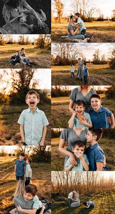 a collage of photos with two children and one adult