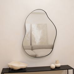 Black metal pond shaped irregular wall mirror displayed vertically on wall Arch Mirror Bathroom, Squiggly Mirror, Squiggle Mirror, Pond Mirror, Extra Large Mirrors, Minimalist Window, Profile Frame, Hm Home