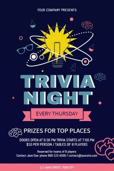 the trivia night flyer is shown with an image of a bright sun above it